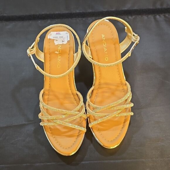 BRAND NEW ANDIAMO MULTI-STRAP RHINESTONE EMBELLISHMENTS OPEN-TOE WEDGE SANDAL - Picture 2 of 12